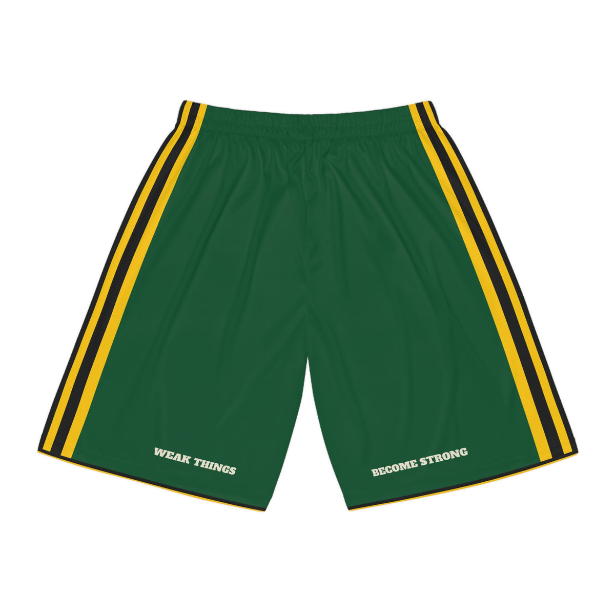 Washington Kennewick Mission Basketball Shorts, back view with WEAK THINGS and BECOME STRONG on the legs
