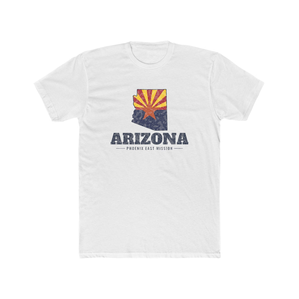 Arizona Phoenix East Mission Flag Map shirt in White: Arizona state flag in the outline of Arizona with navy lettering, front view