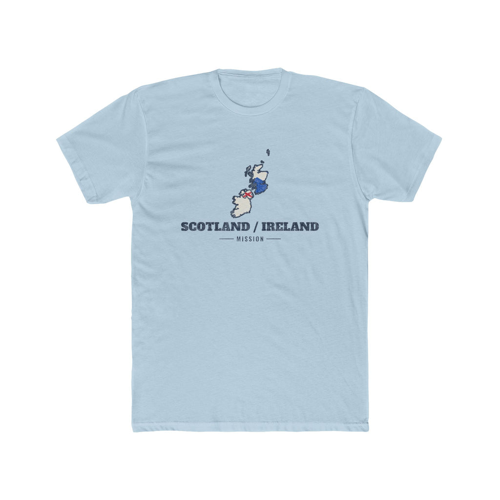 Scotland/Ireland Mission Flag Map shirt in Desert Pink: flags of Scotland, Northern Ireland and Ireland in their outlines with navy lettering, front view