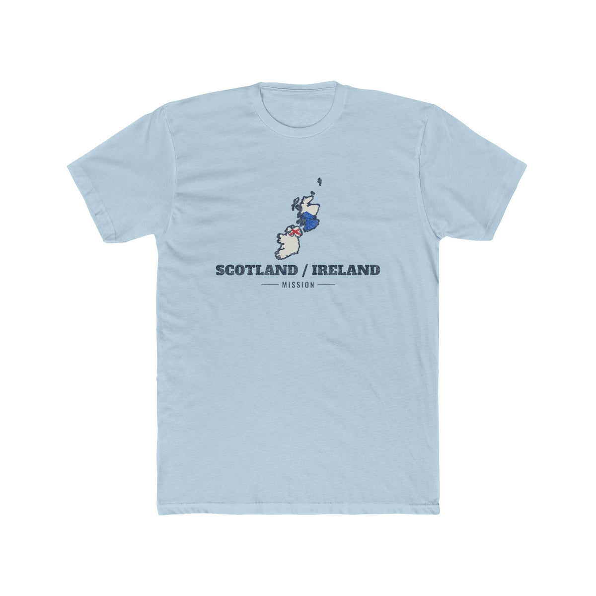 Scotland/Ireland Mission Flag Map shirt in Desert Pink: flags of Scotland, Northern Ireland and Ireland in their outlines with navy lettering, front view