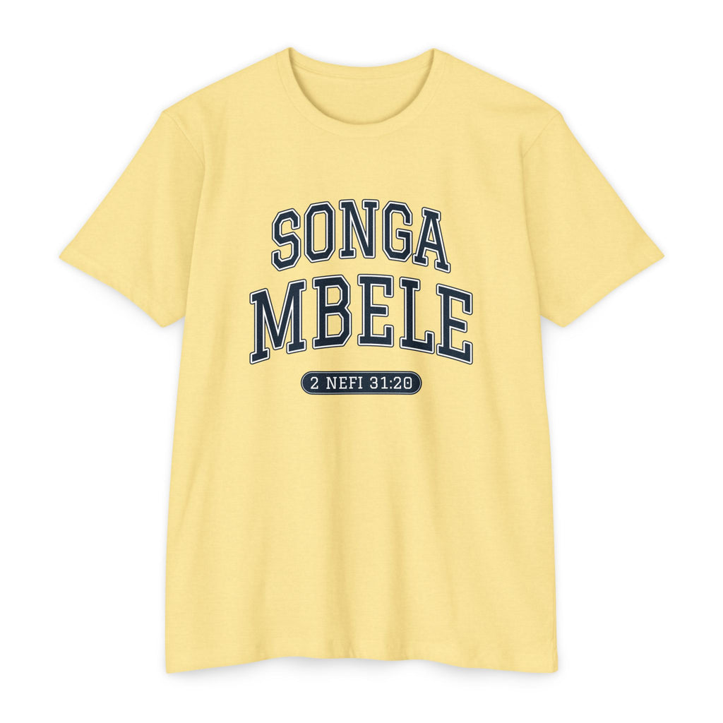 Press Forward shirt in Swahili on Banana Cream: “SONGA MBELE”, 2 Nefi 31:20
