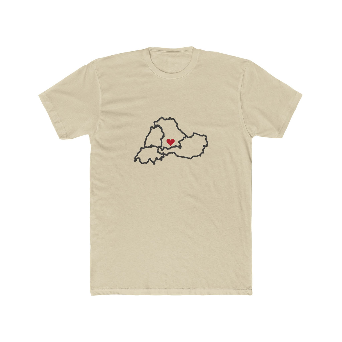 Alpine German-Speaking Mission Heart Map shirt in Cream: Alpine German-Speaking outline with a red heart, front view