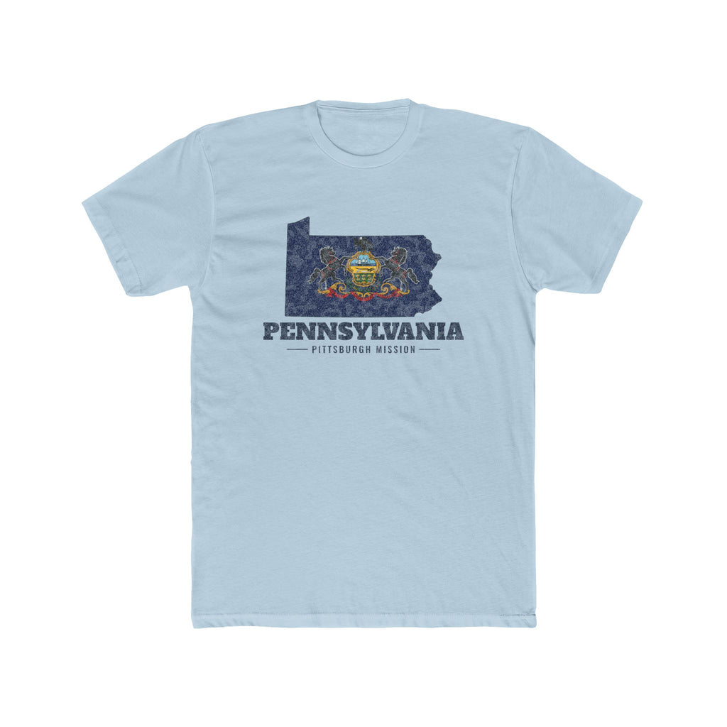 Pennsylvania Pittsburgh Mission Flag Map shirt in Desert Pink: Pennsylvania state flag in the outline of Pennsylvania with navy lettering, front view