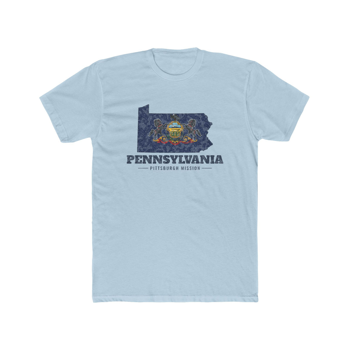 Pennsylvania Pittsburgh Mission Flag Map shirt in Desert Pink: Pennsylvania state flag in the outline of Pennsylvania with navy lettering, front view