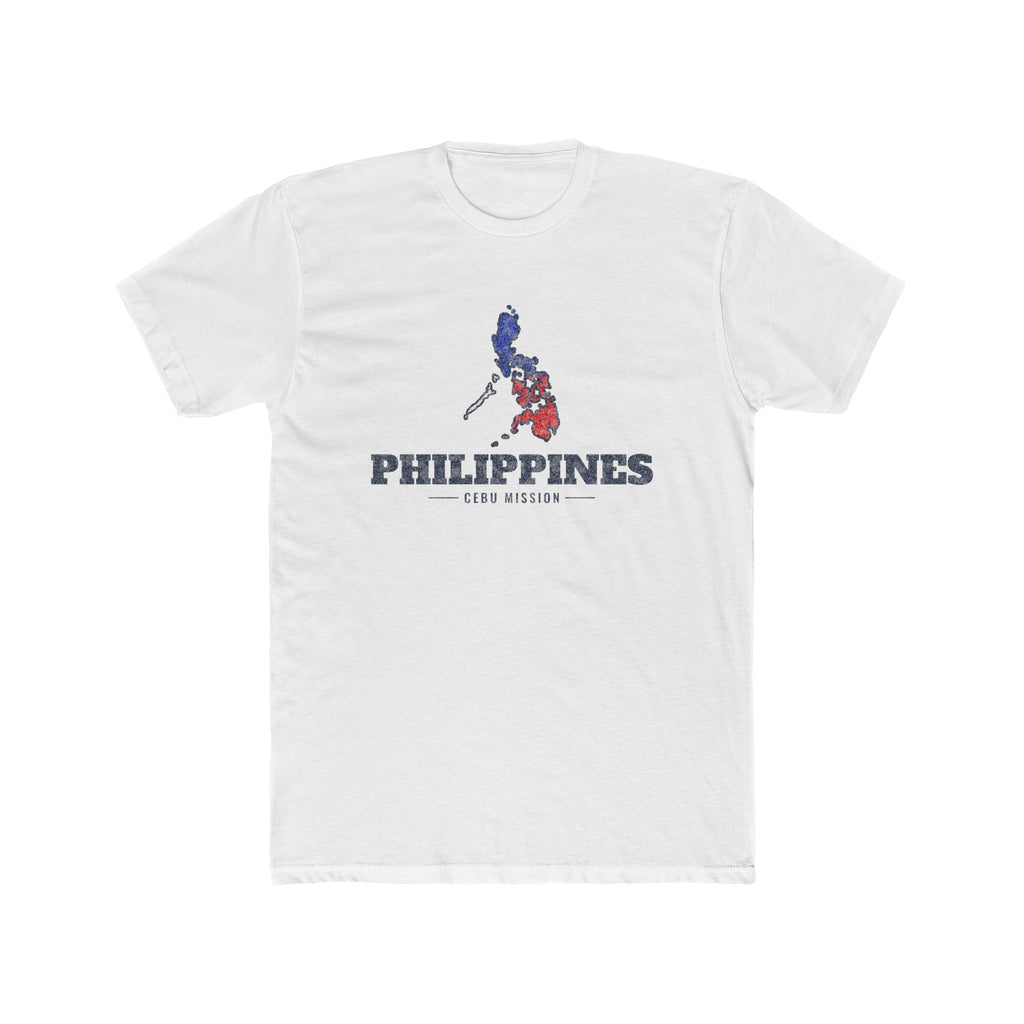Philippines Cebu Mission Flag Map shirt in White: colors of the Philippine flag in the outline of the Philippines with navy lettering, front view