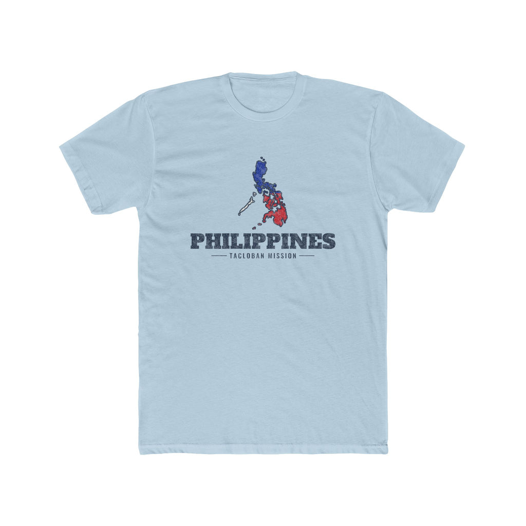 Philippines Tacloban Mission Flag Map shirt in Desert Pink: colors of the Philippine flag in the outline of the Philippines with navy lettering, front view