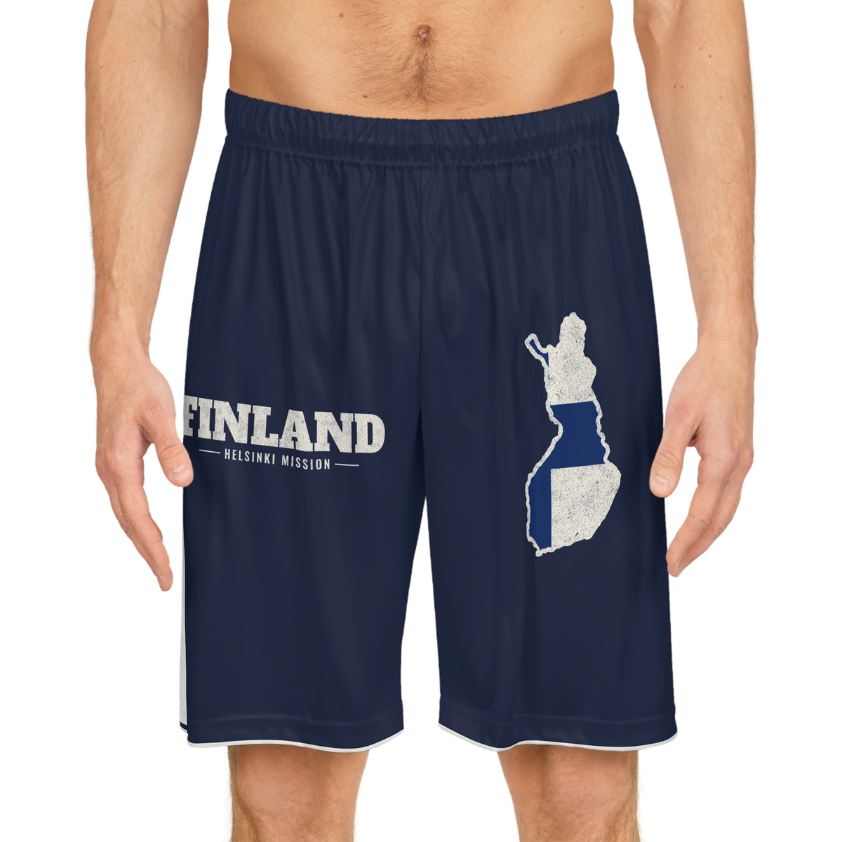 Finland Helsinki Mission Basketball Shorts, worn, front view