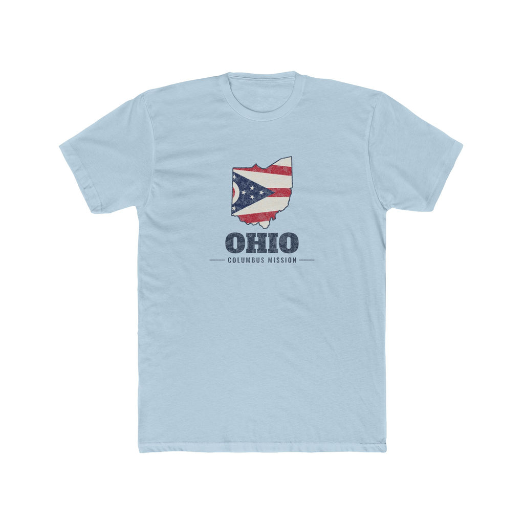 Ohio Columbus Mission Flag Map shirt in Desert Pink: Ohio state flag in the outline of Ohio with navy lettering, front view