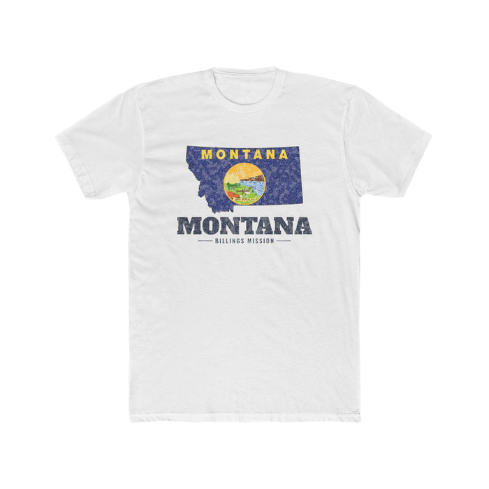 Montana Billings Mission Flag Map shirt in White: Montana state flag in the outline of Montana with navy lettering, front view