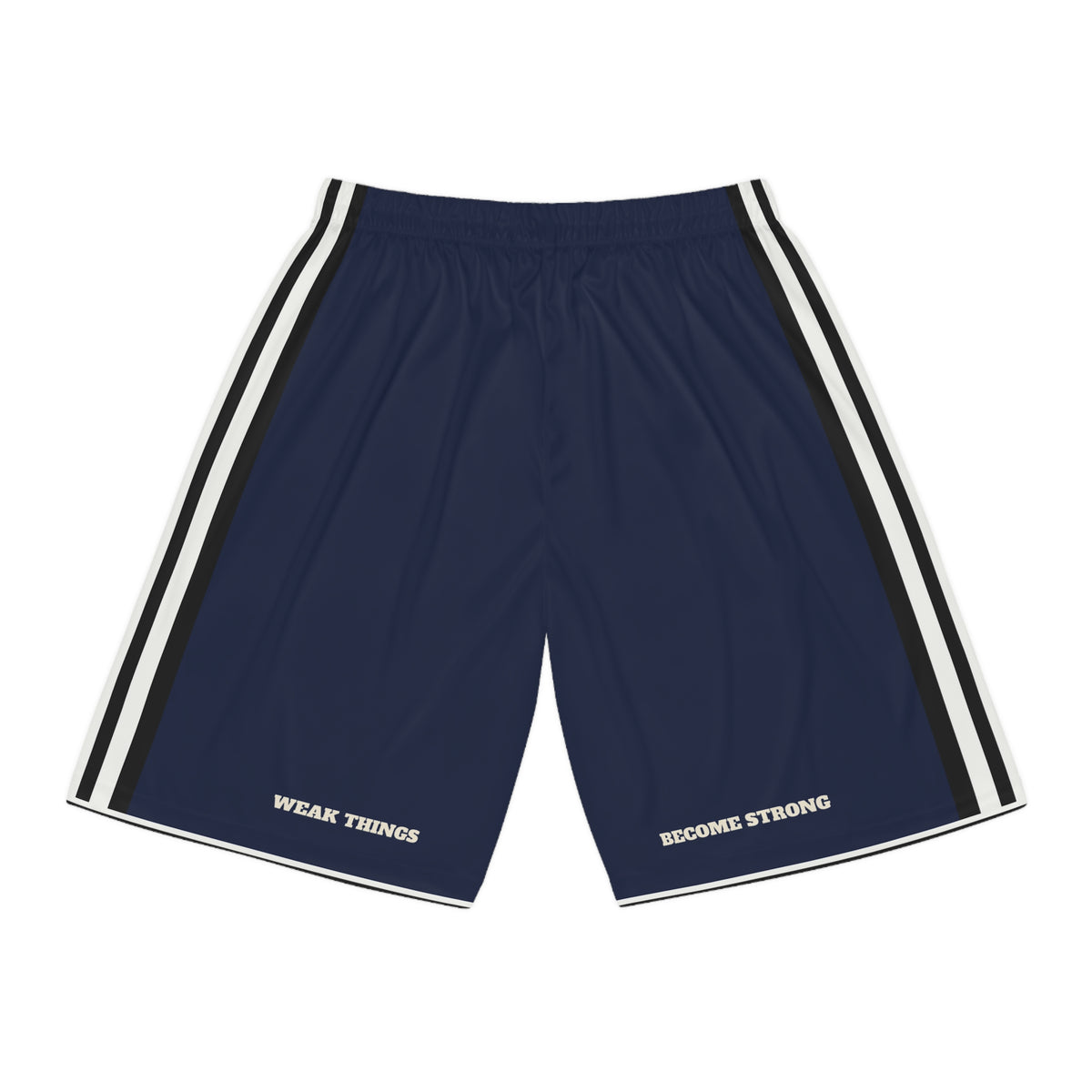 Virginia Richmond Mission Basketball Shorts, back view with WEAK THINGS and BECOME STRONG on the legs