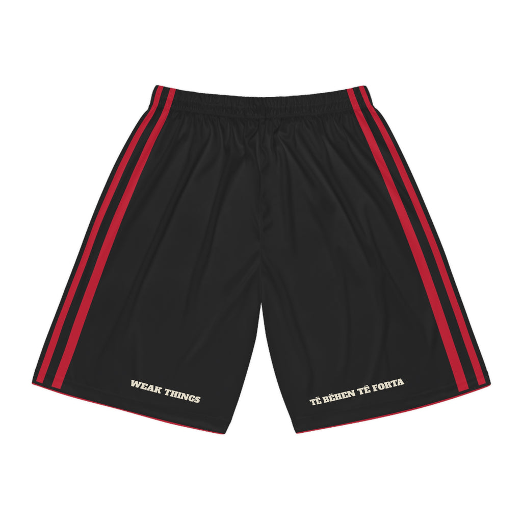 Albania Tirana Mission Basketball Shorts, back view with WEAK THINGS and TË BËHEN TË FORTA on the legs
