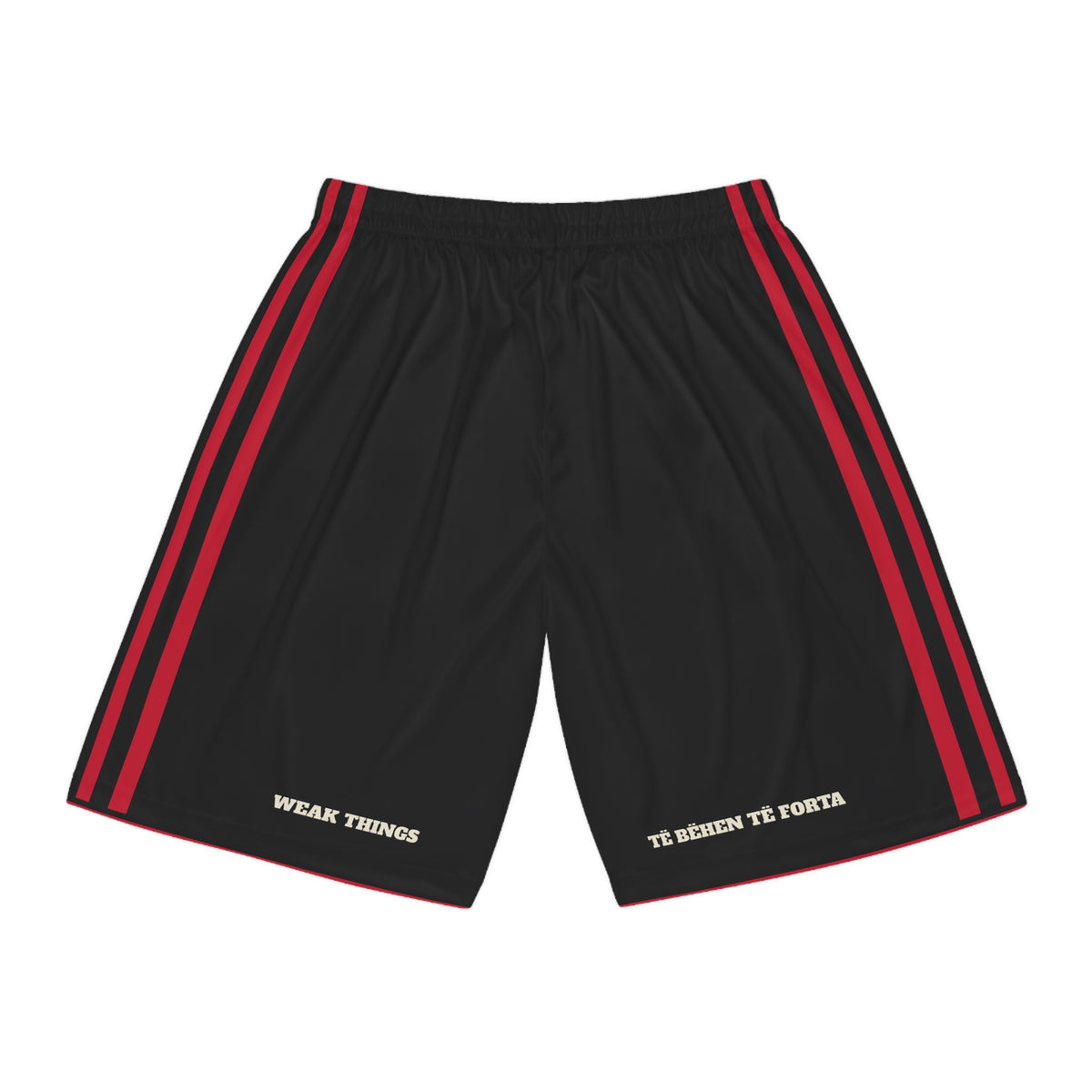 Albania Tirana Mission Basketball Shorts, back view with WEAK THINGS and TË BËHEN TË FORTA on the legs