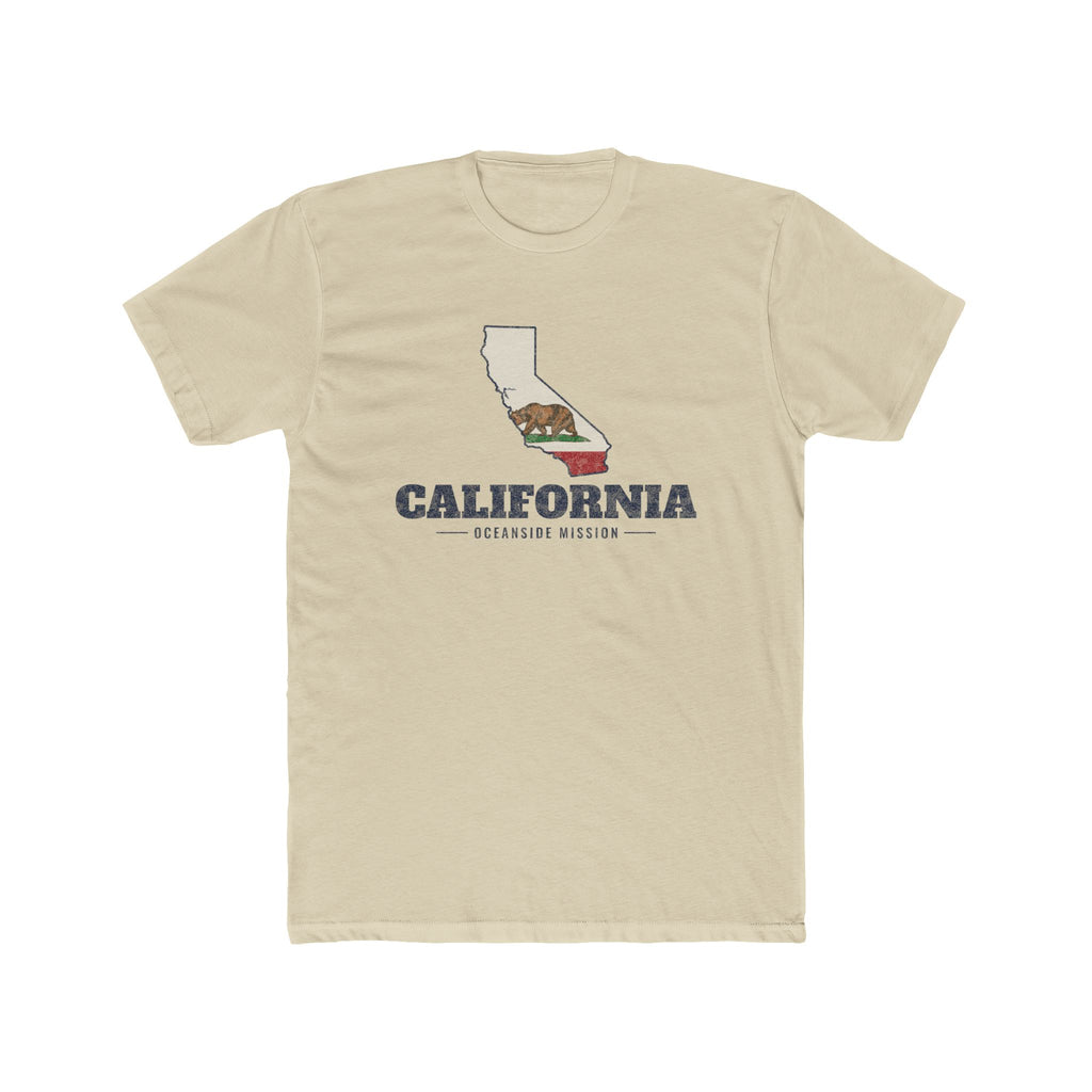 California Oceanside Mission Flag Map shirt in White: California state flag in the outline of California with navy lettering, front view