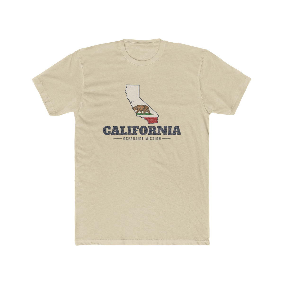 California Oceanside Mission Flag Map shirt in White: California state flag in the outline of California with navy lettering, front view