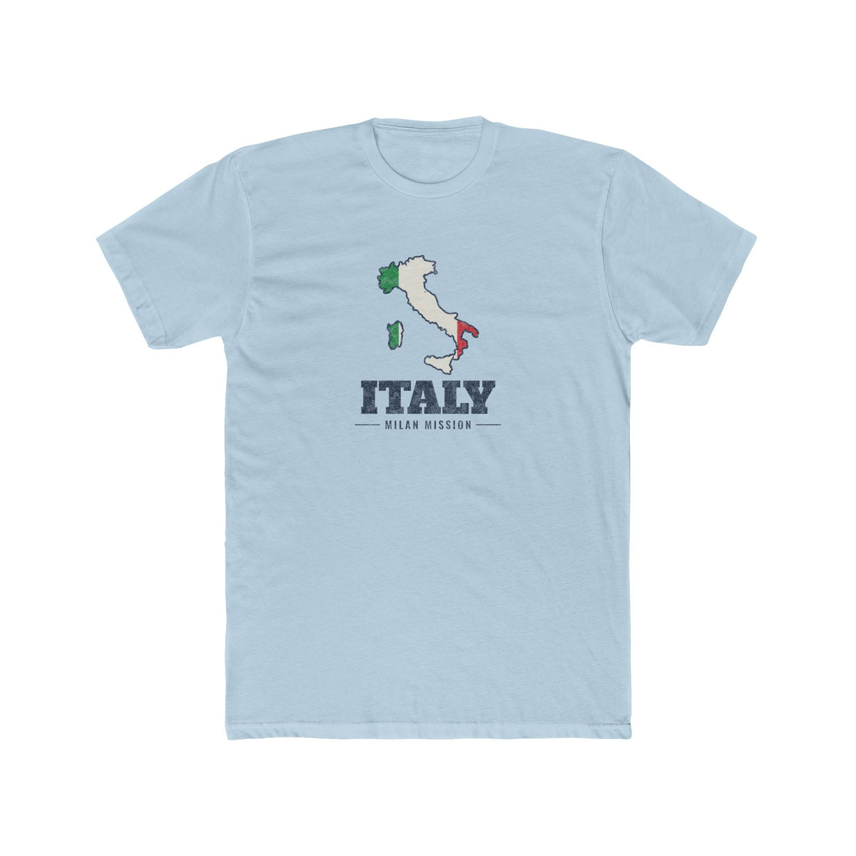 Italy Milan Mission Flag Map shirt in Desert Pink: flag of Italy in the outline of Italy with navy lettering, front view