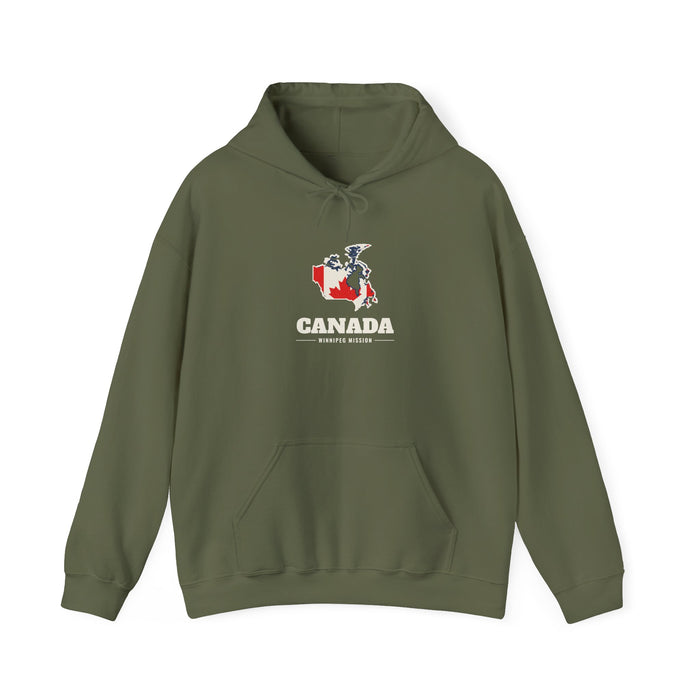 Canada Winnipeg Mission Flag Map Hoodie in Military Green, front view with the flag map and mission name