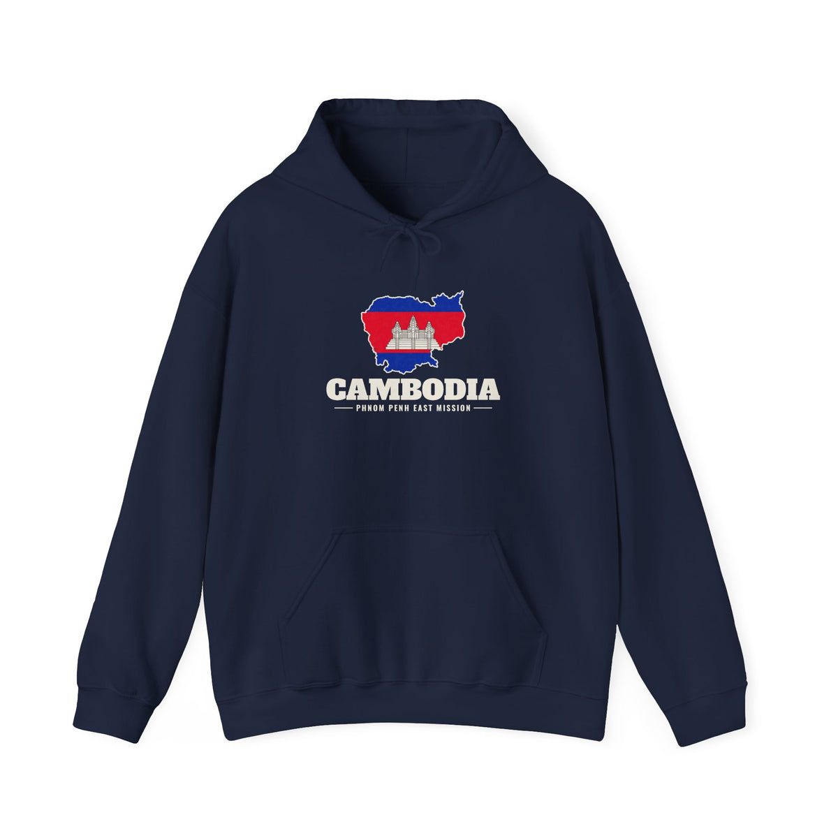 Cambodia Phnom Penh East Mission Flag Map Hoodie in Navy, front view with the flag map and mission name