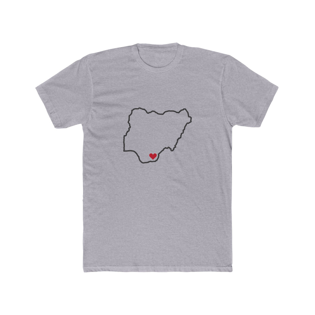 Nigeria Uyo Mission Heart Map shirt in Heather Grey: Nigeria outline with a red heart, front view