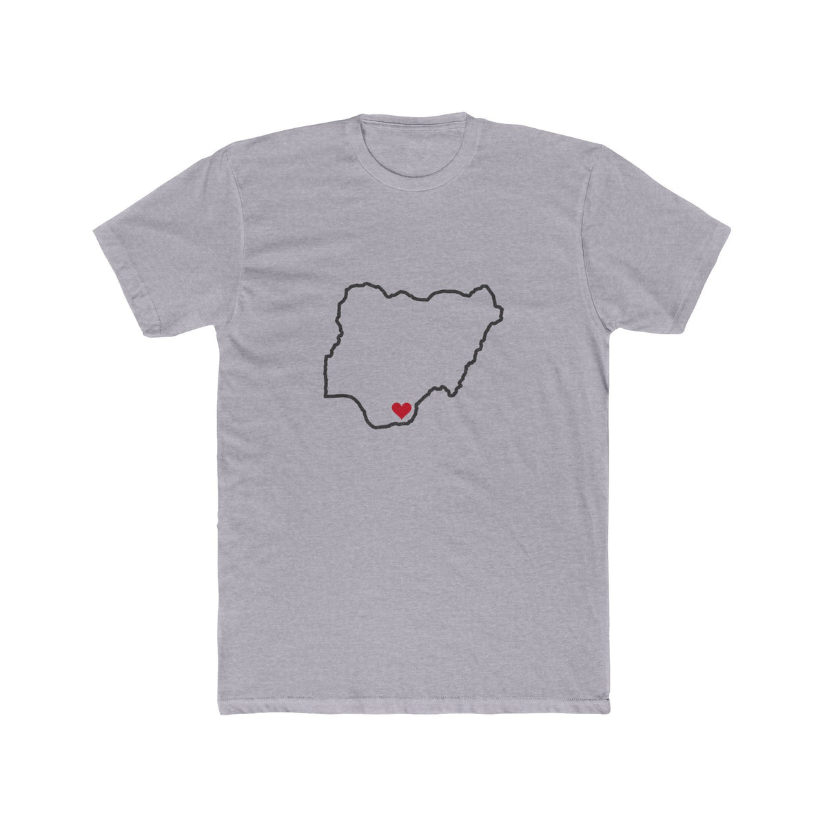 Nigeria Uyo Mission Heart Map shirt in Heather Grey: Nigeria outline with a red heart, front view