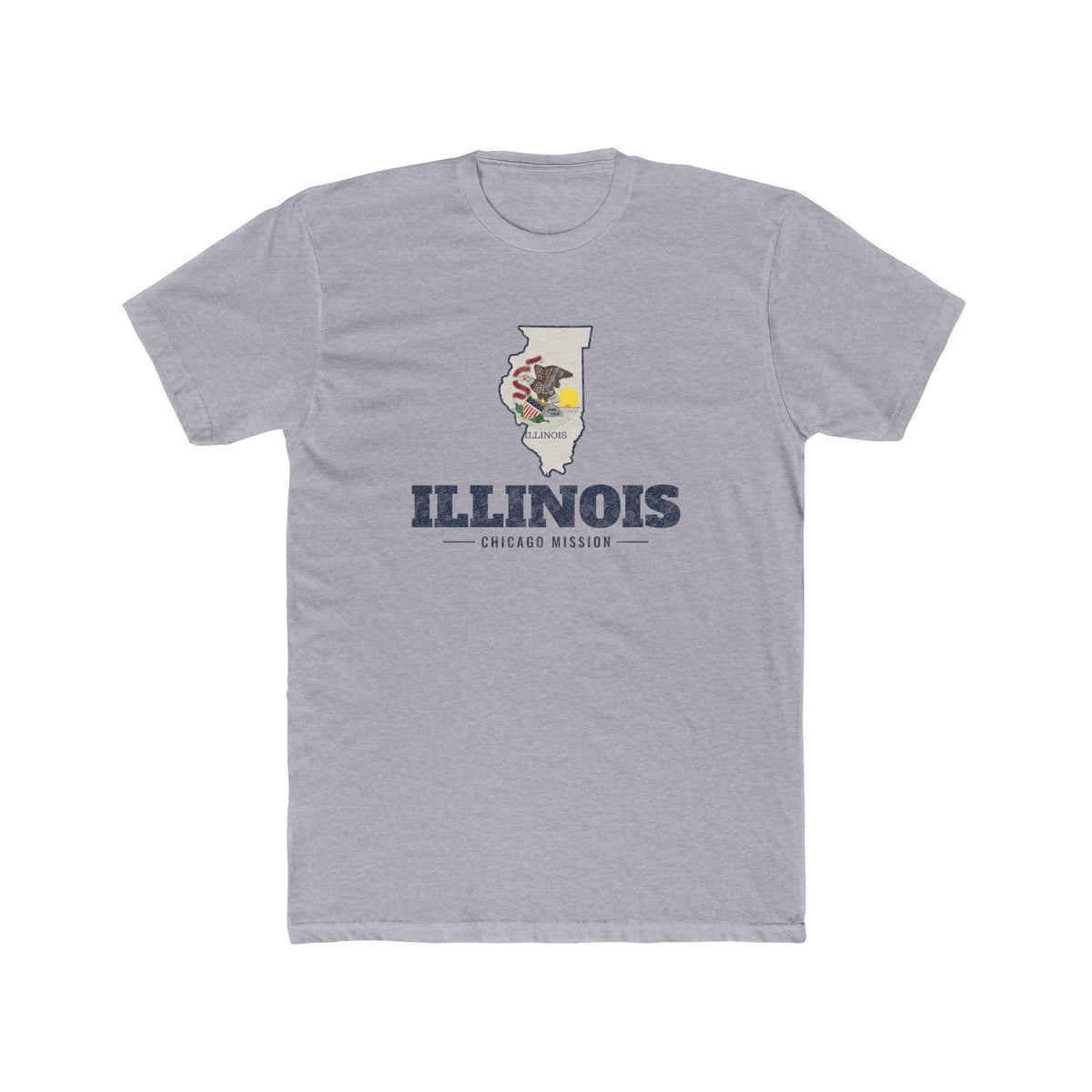 Illinois Chicago Mission Flag Map shirt in Heather Grey: Illinois state flag in the outline of Illinois with navy lettering, front view