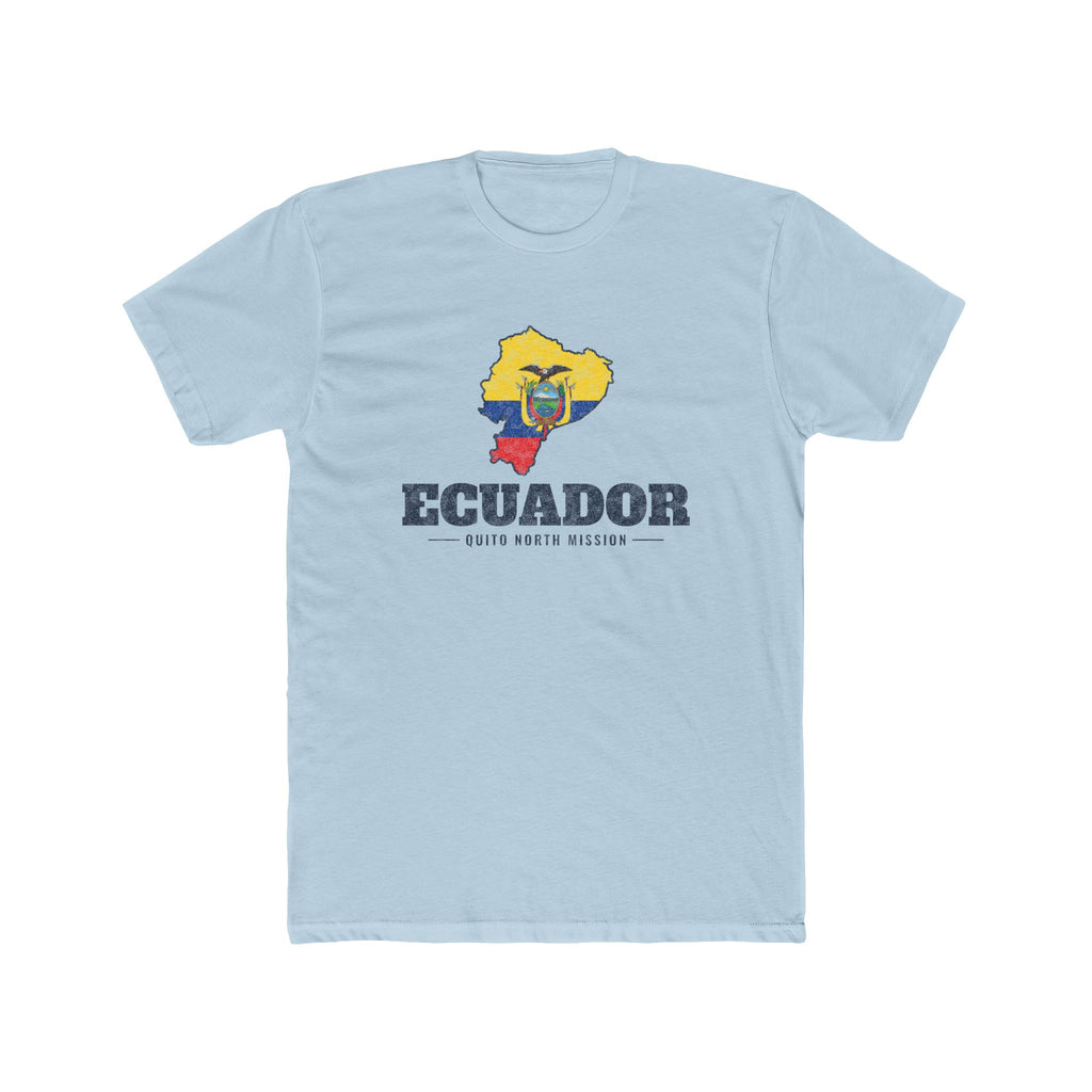 Ecuador Quito North Mission Flag Map shirt in Desert Pink: flag of Ecuador in the outline of Ecuador with navy lettering, front view