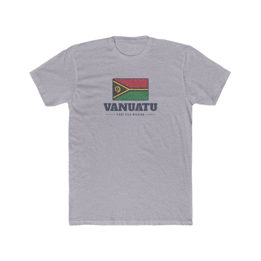 Vanuatu Port Vila Mission Flag Map shirt in Heather Grey: flag badge of Vanuatu with navy lettering, front view