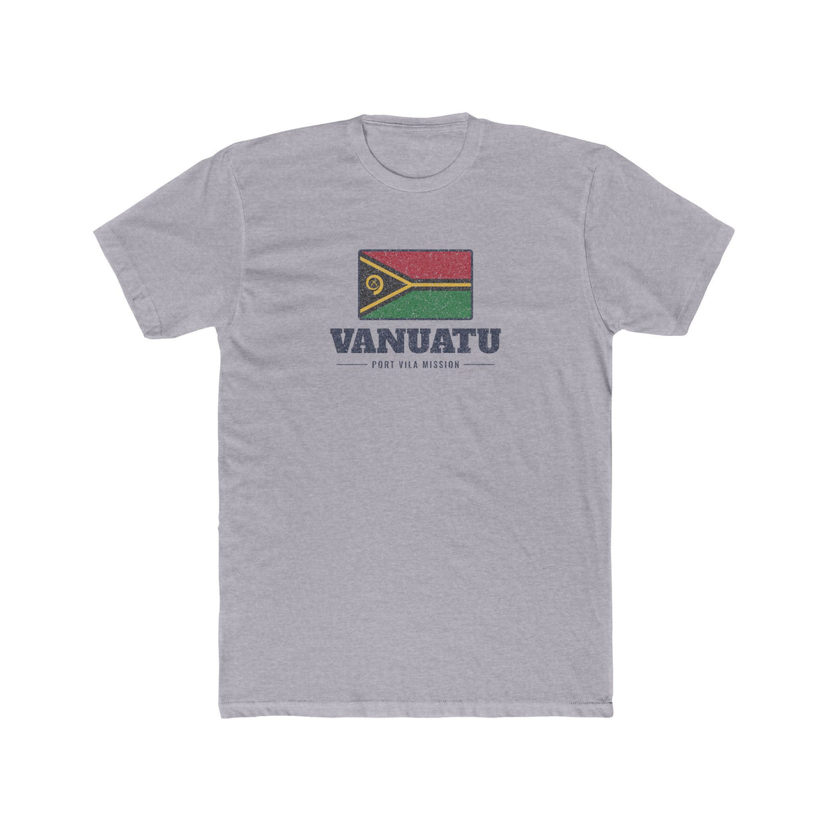 Vanuatu Port Vila Mission Flag Map shirt in Heather Grey: flag badge of Vanuatu with navy lettering, front view