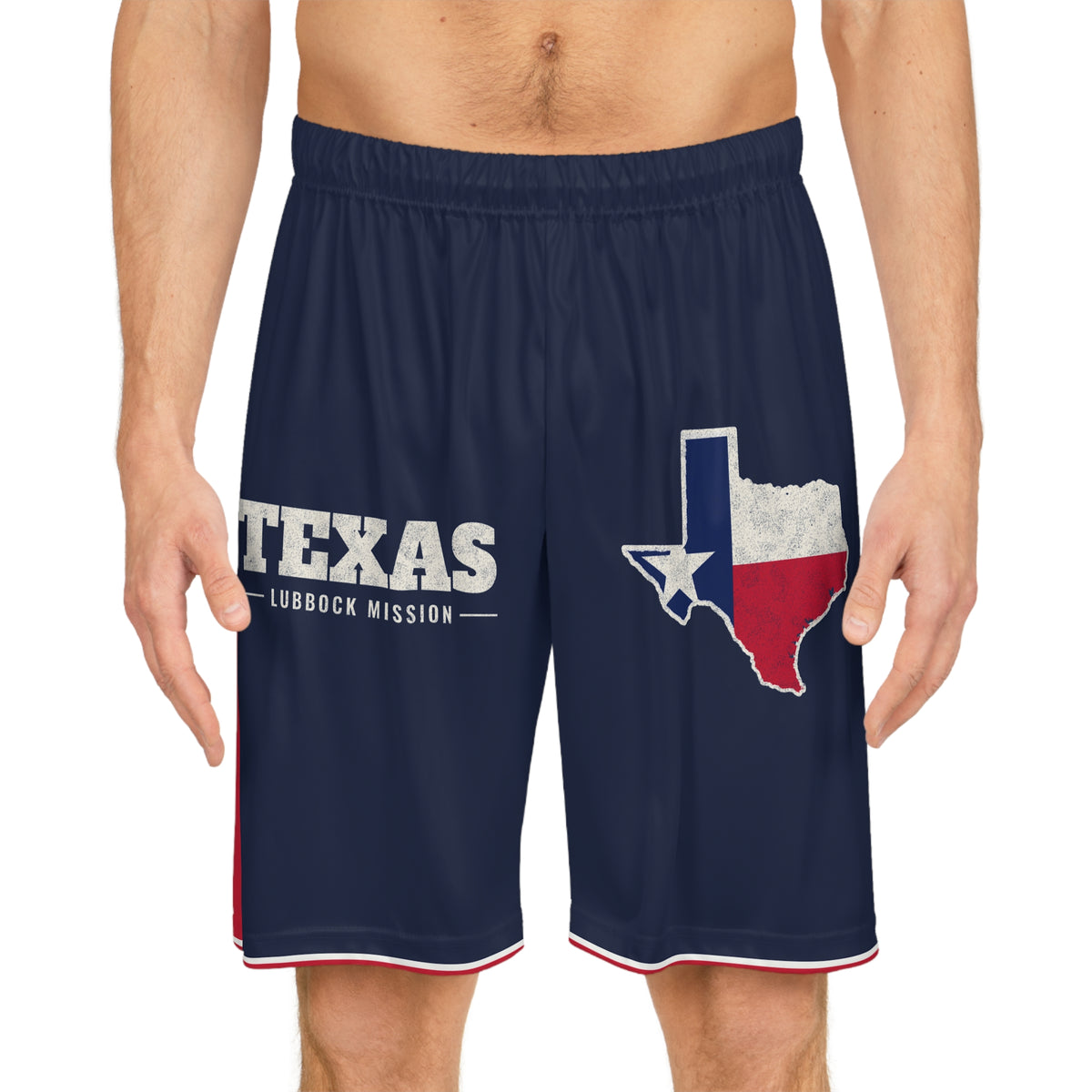 Texas Lubbock Mission Basketball Shorts, worn, front view