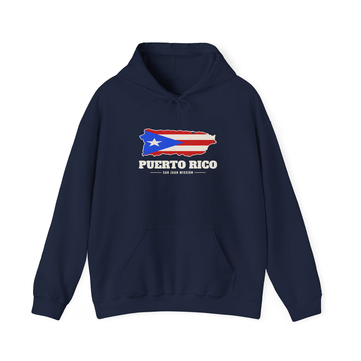 Puerto Rico San Juan Mission Flag Map Hoodie in Navy, front view with the flag map and mission name