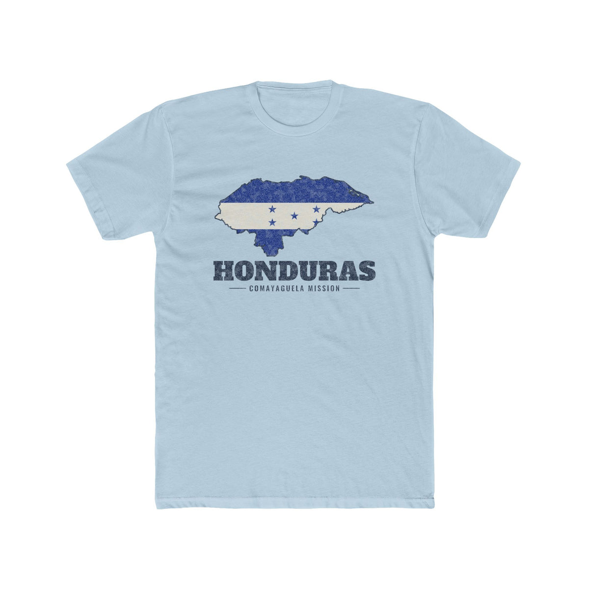 Honduras Comayaguela Mission Flag Map shirt in Desert Pink: flag of Honduras in the outline of Honduras with navy lettering, front view