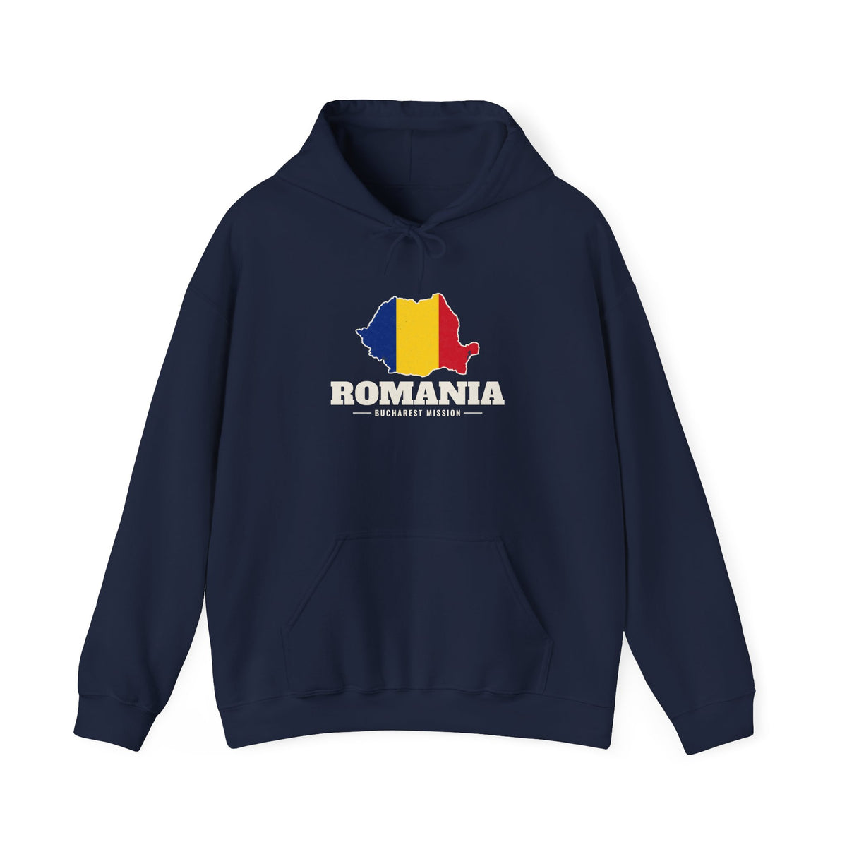 Romania Bucharest Mission Flag Map Hoodie in Navy, front view with the flag map and mission name