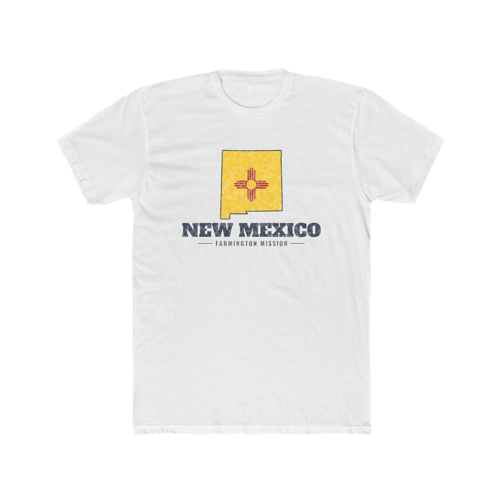 New Mexico Farmington Mission Flag Map shirt in White: New Mexico state flag in the outline of New Mexico with navy lettering, front view