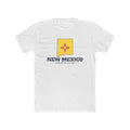 New Mexico Farmington Mission Flag Map shirt in White: New Mexico state flag in the outline of New Mexico with navy lettering, front view
