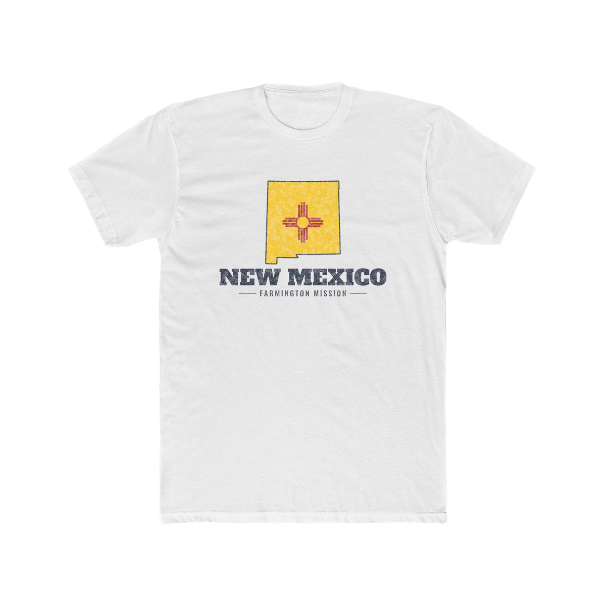 New Mexico Farmington Mission Flag Map shirt in White: New Mexico state flag in the outline of New Mexico with navy lettering, front view