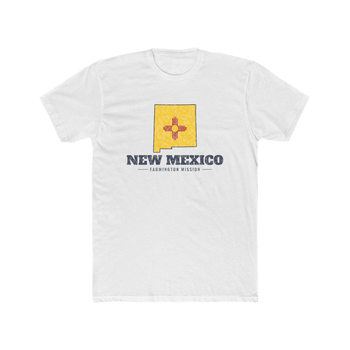 New Mexico Farmington Mission Flag Map shirt in White: New Mexico state flag in the outline of New Mexico with navy lettering, front view
