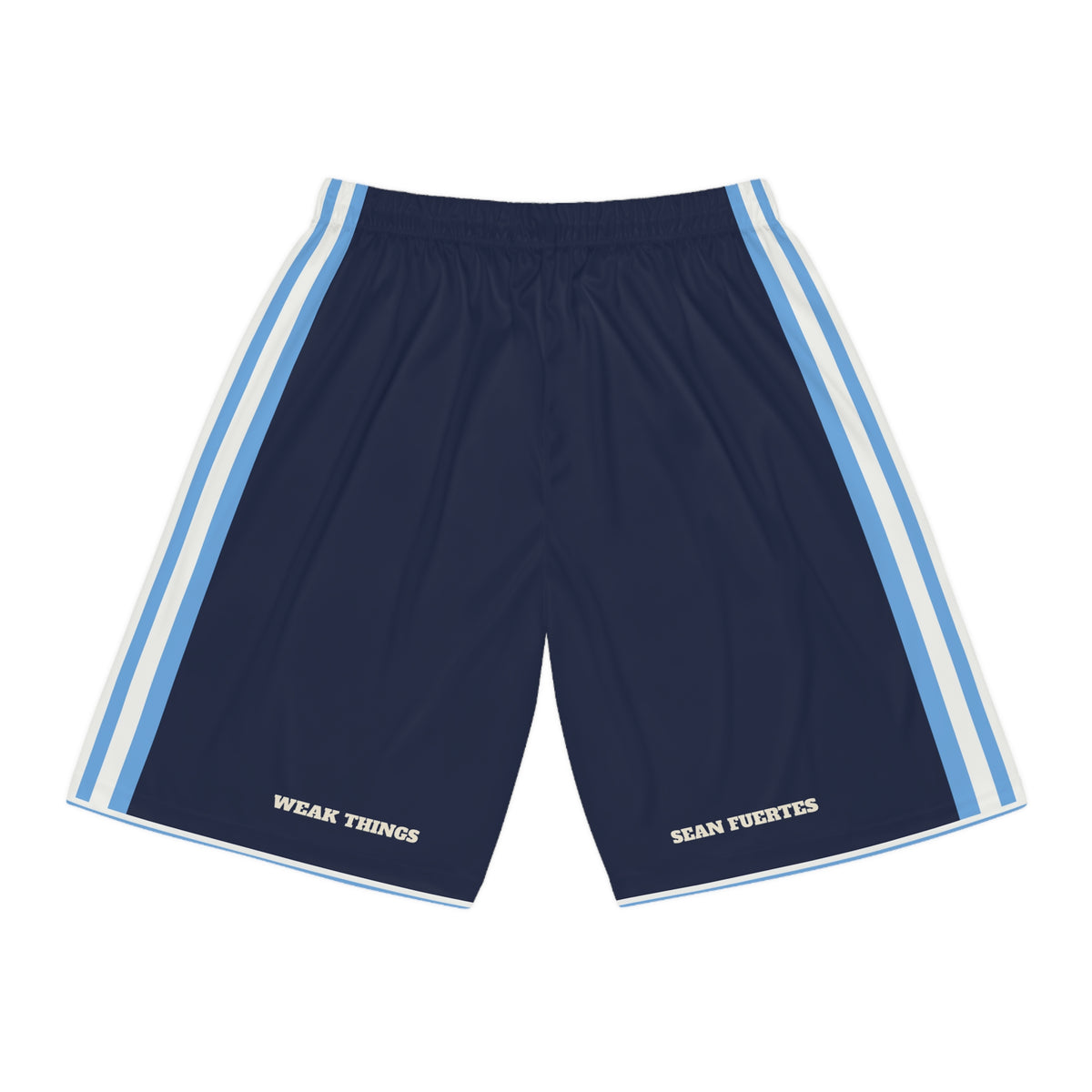 Argentina Buenos Aires West Mission Basketball Shorts, back view with WEAK THINGS and SEAN FUERTES on the legs