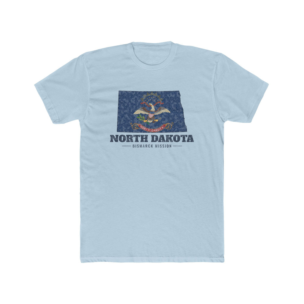 North Dakota Bismarck Mission Flag Map shirt in Desert Pink: North Dakota state flag in the outline of North Dakota with navy lettering, front view