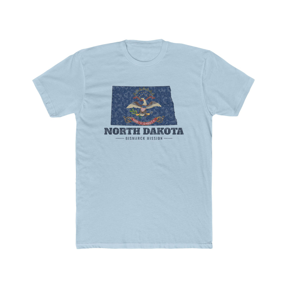 North Dakota Bismarck Mission Flag Map shirt in Desert Pink: North Dakota state flag in the outline of North Dakota with navy lettering, front view