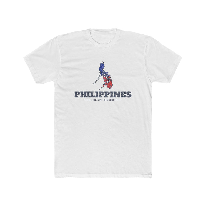 Philippines Legazpi Mission Flag Map shirt in White: colors of the Philippine flag in the outline of the Philippines with navy lettering, front view