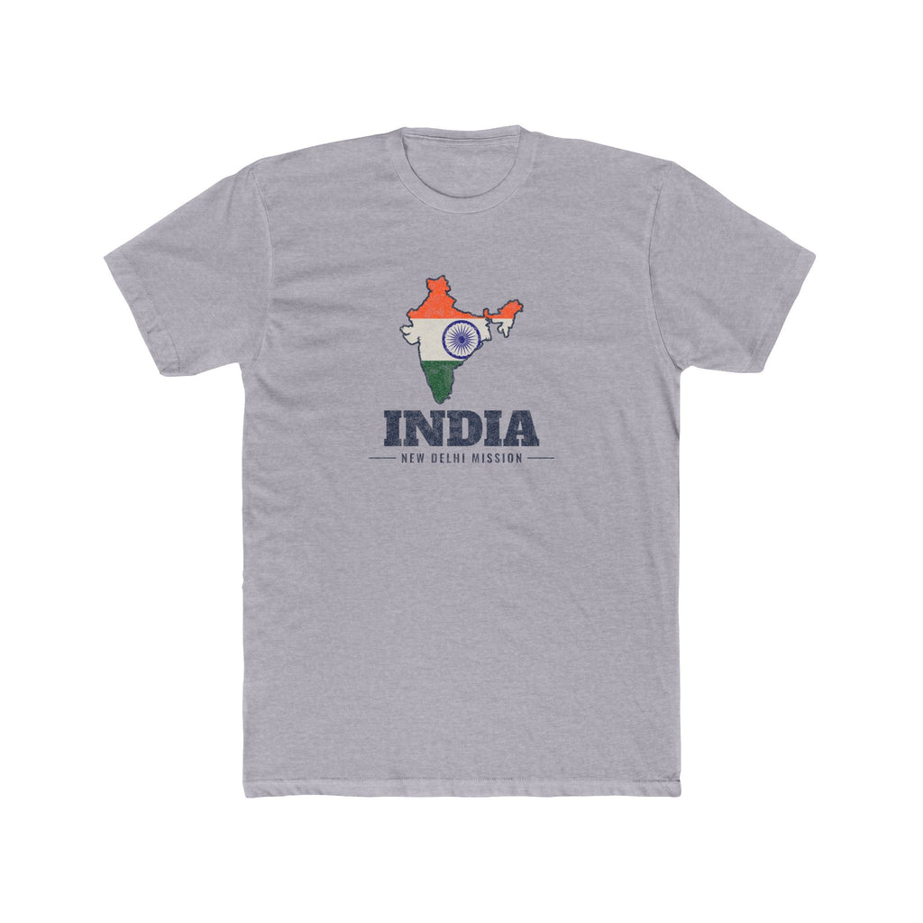 India New Delhi Mission Flag Map shirt in Heather Grey: flag of India in the outline of India with navy lettering, front view
