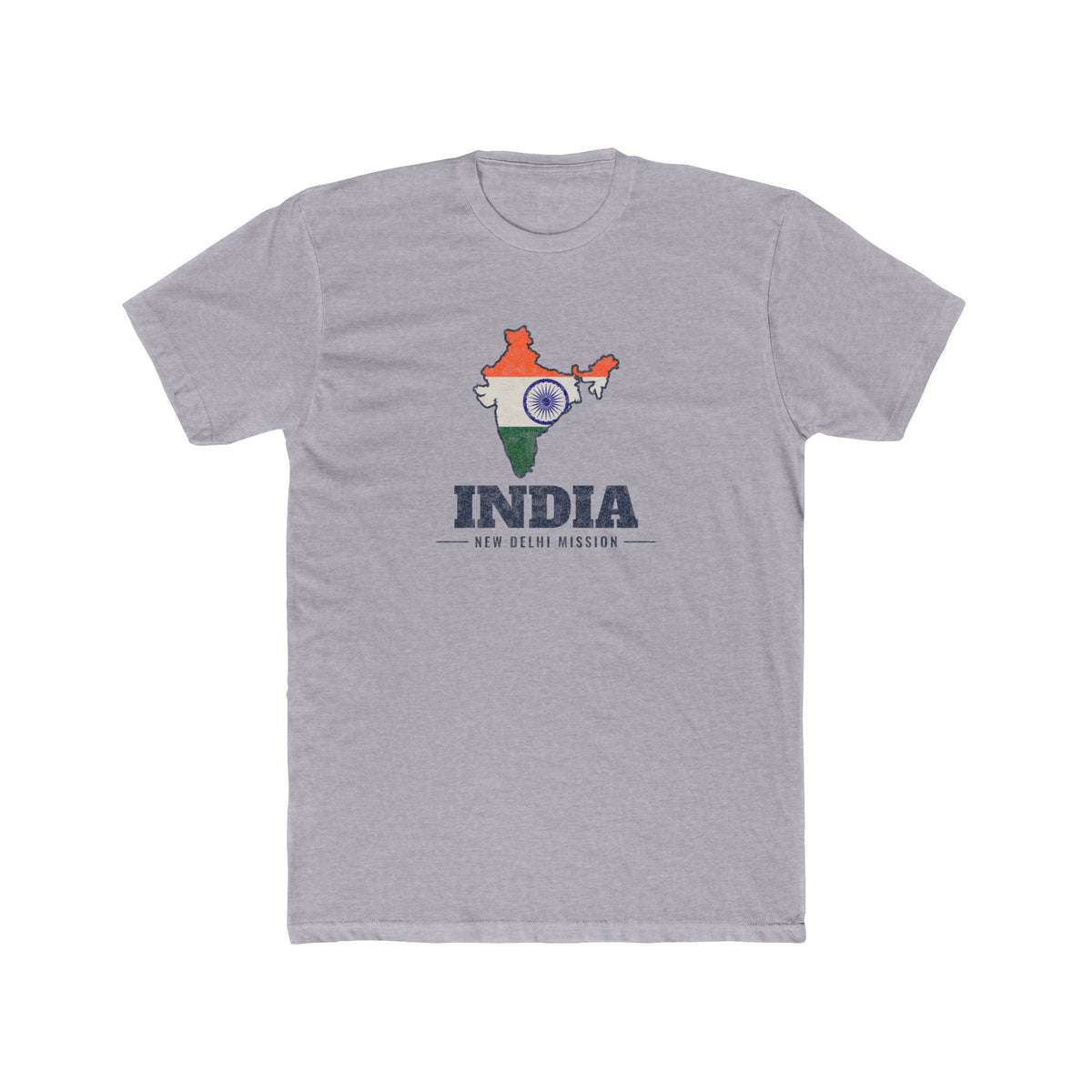 India New Delhi Mission Flag Map shirt in Heather Grey: flag of India in the outline of India with navy lettering, front view
