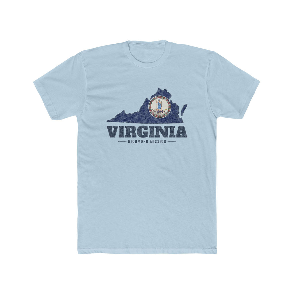 Virginia Richmond Mission Flag Map shirt in Desert Pink: Virginia state flag in the outline of Virginia with navy lettering, front view