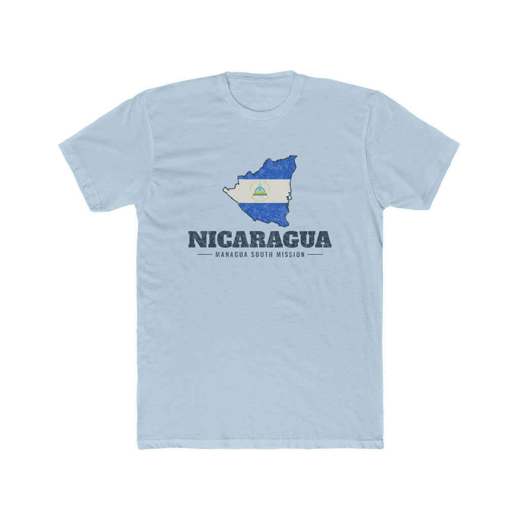 Nicaragua Managua South Mission Flag Map shirt in Desert Pink: flag of Nicaragua in the outline of Nicaragua with navy lettering, front view