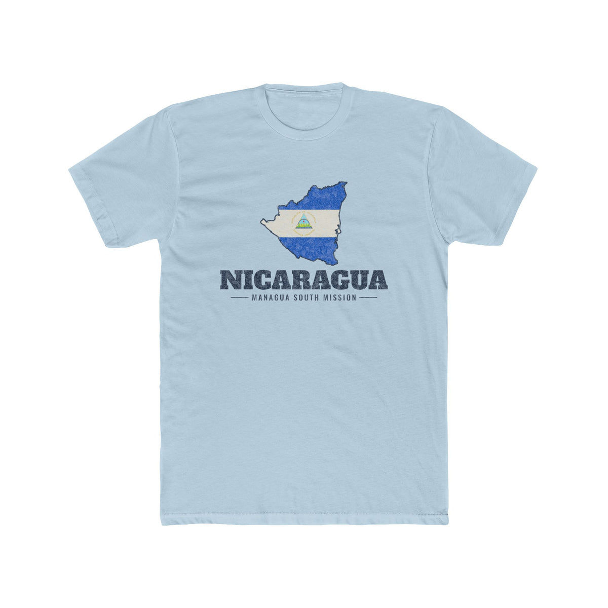 Nicaragua Managua South Mission Flag Map shirt in Desert Pink: flag of Nicaragua in the outline of Nicaragua with navy lettering, front view