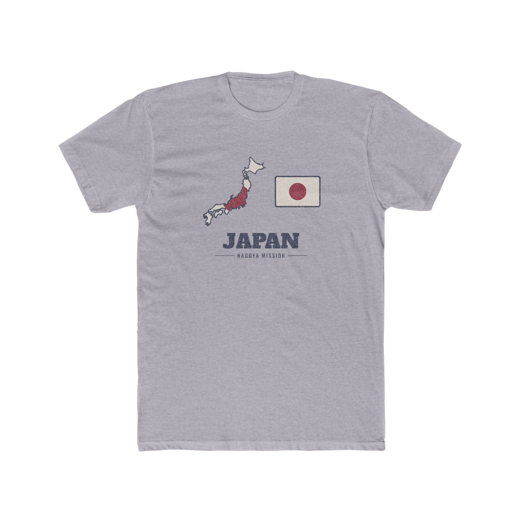 Japan Nagoya Mission Flag Map shirt in Heather Grey: flag of Japan in the outline of Japan with navy lettering, front view