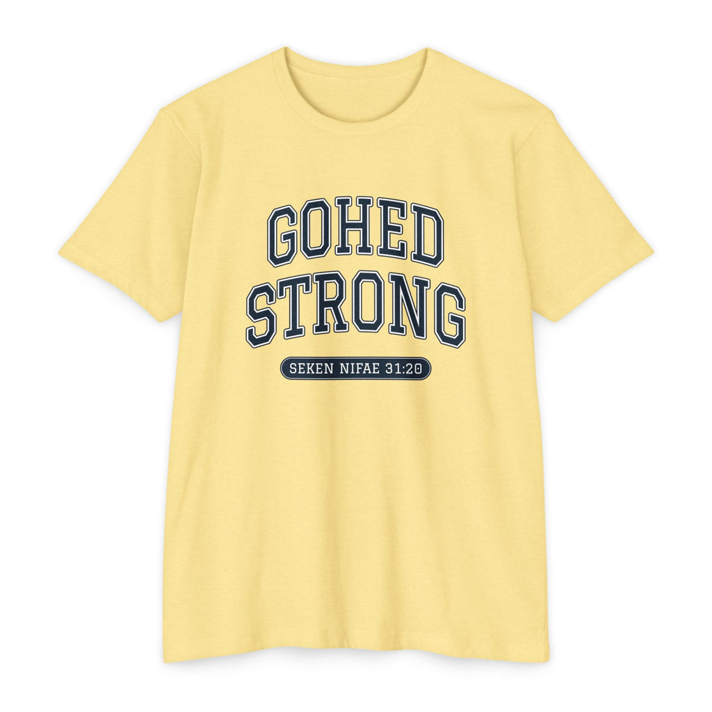 Press Forward shirt in Bislama on Banana Cream: “GOHED STRONG”, Seken Nifae 31:20