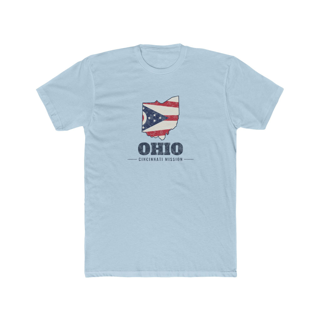 Ohio Cincinnati Mission Flag Map shirt in Desert Pink: Ohio state flag in the outline of Ohio with navy lettering, front view