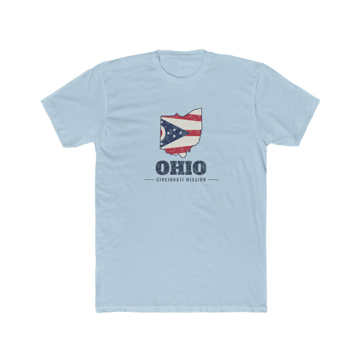 Ohio Cincinnati Mission Flag Map shirt in Desert Pink: Ohio state flag in the outline of Ohio with navy lettering, front view