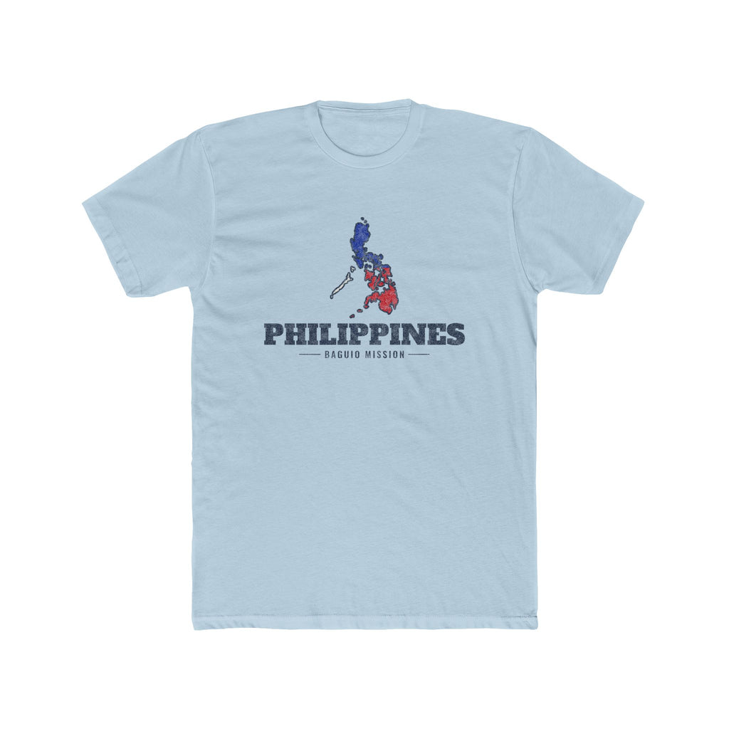 Philippines Baguio Mission Flag Map shirt in Desert Pink: colors of the Philippine flag in the outline of the Philippines with navy lettering, front view