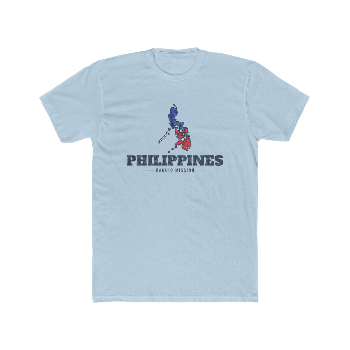 Philippines Baguio Mission Flag Map shirt in Desert Pink: colors of the Philippine flag in the outline of the Philippines with navy lettering, front view